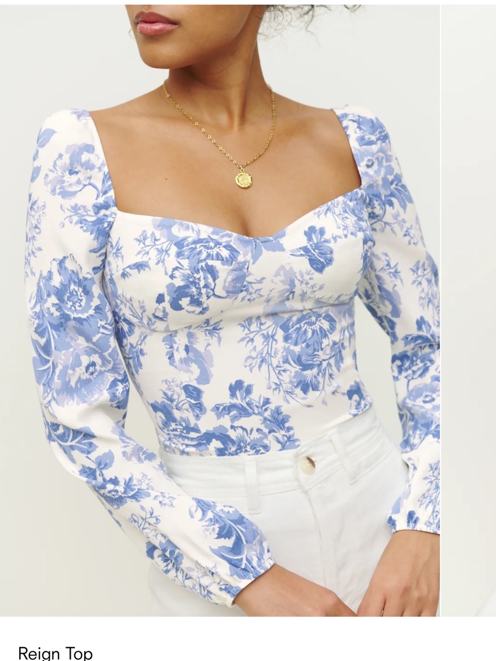 Reformation White and Light Blue Floral Square-Neck Long Sleeve Top